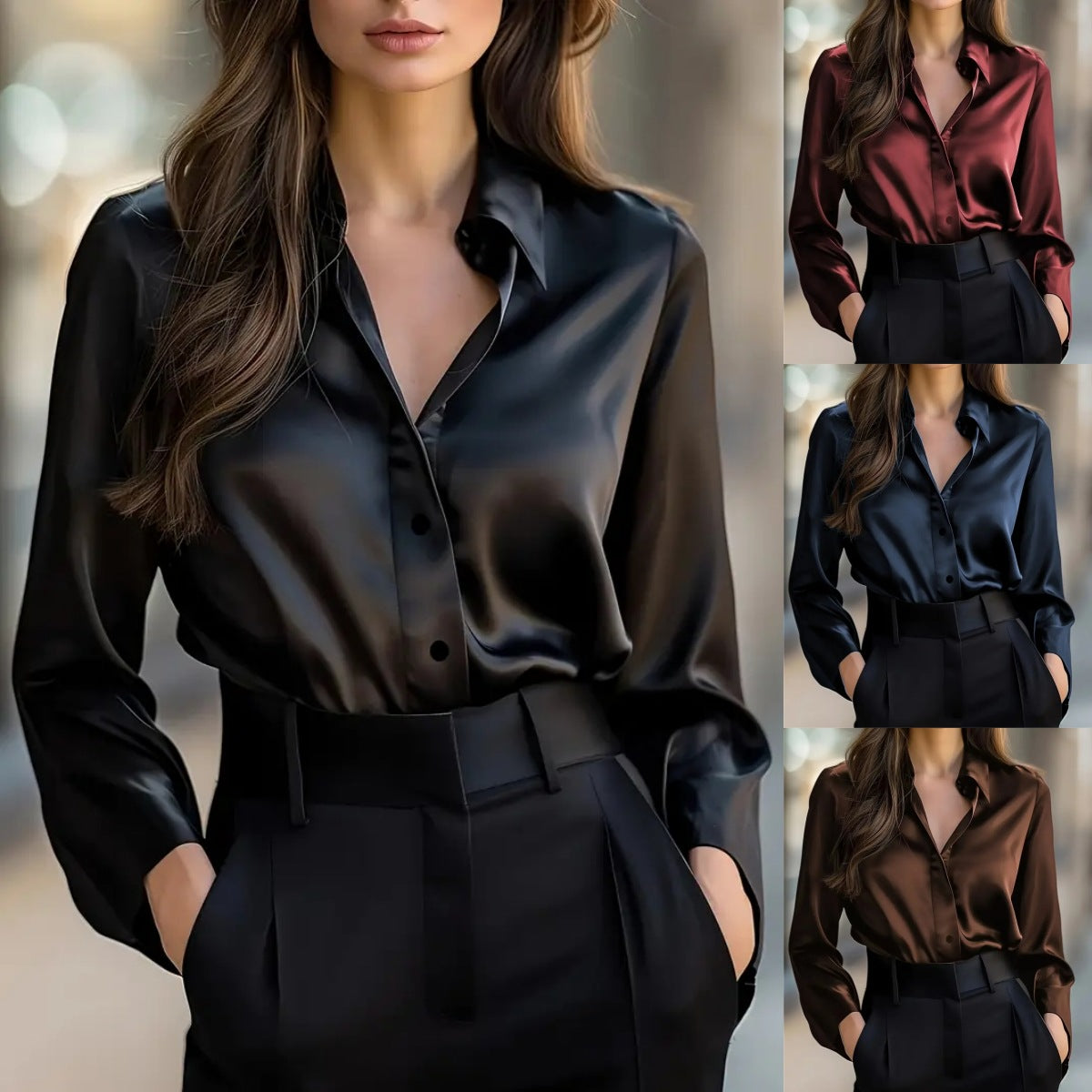 DYVIRA Satin-Feel Button-Up Blouse — supplier image 1