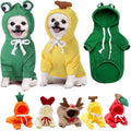 Small dog wearing a warm fruit-themed fleece hoodie