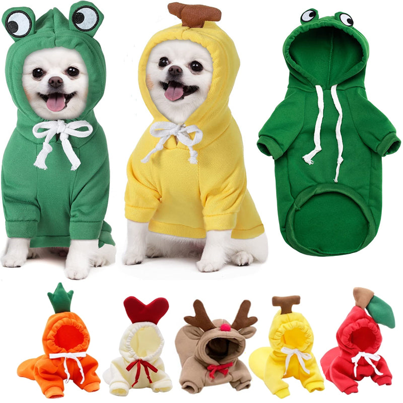 Small dog wearing a warm fruit-themed fleece hoodie