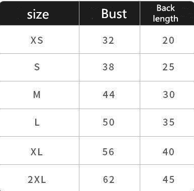 Size chart for DYVIRA Cozy Fruit Fleece Dog Hoodie