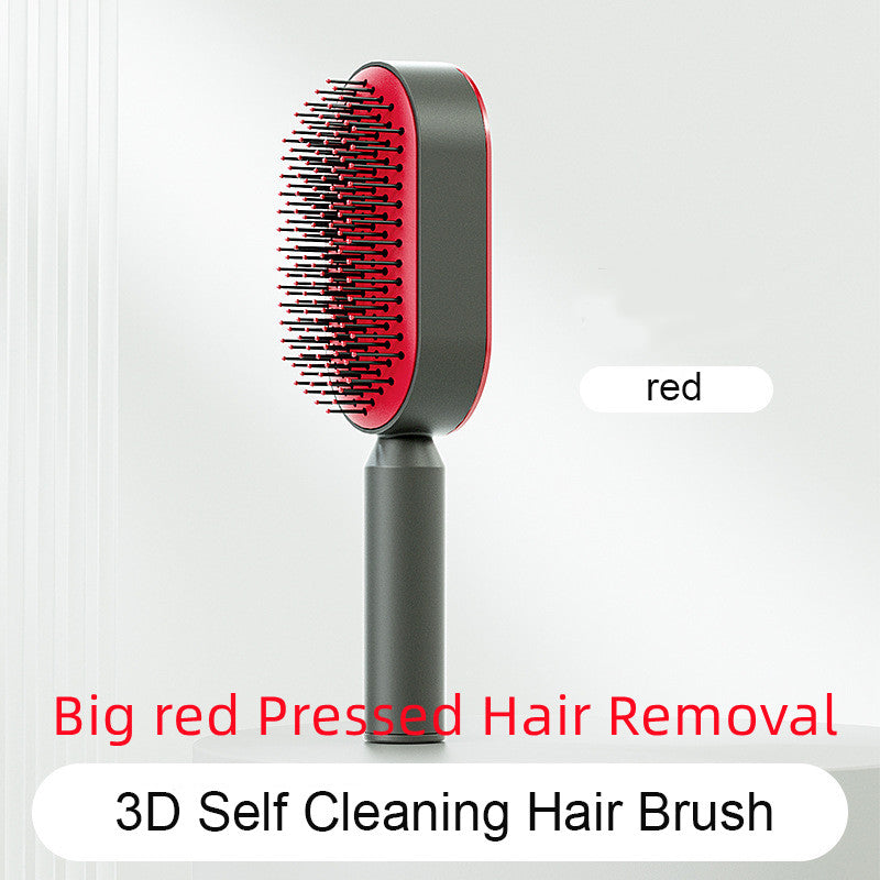 Red one-touch self-cleaning hairbrush