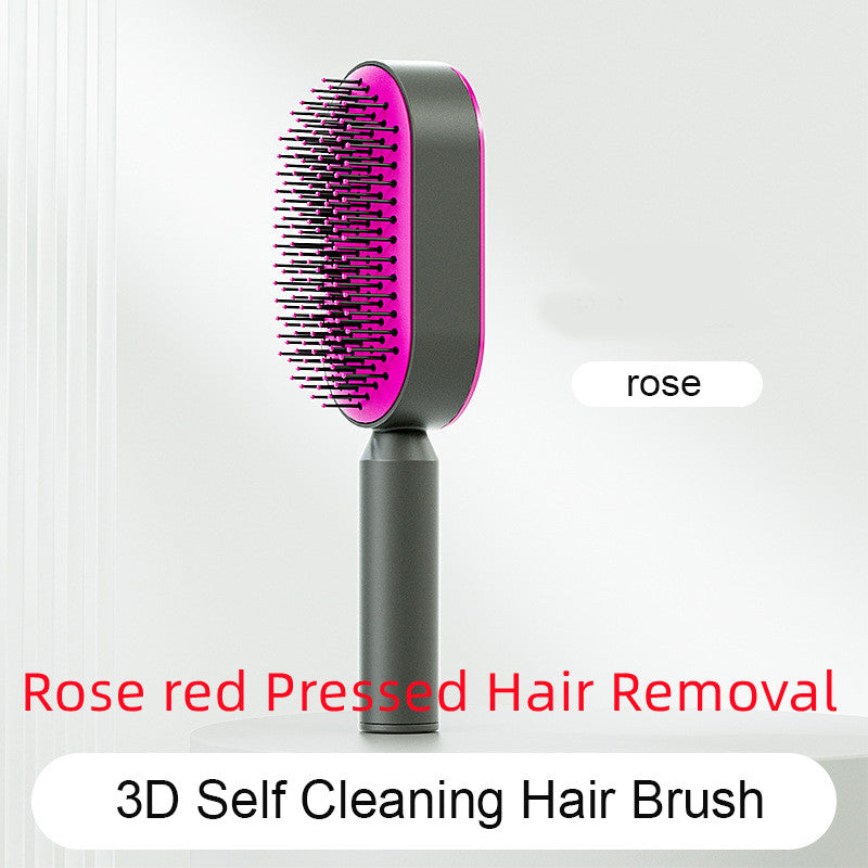 Rose red one-touch self-cleaning hairbrush