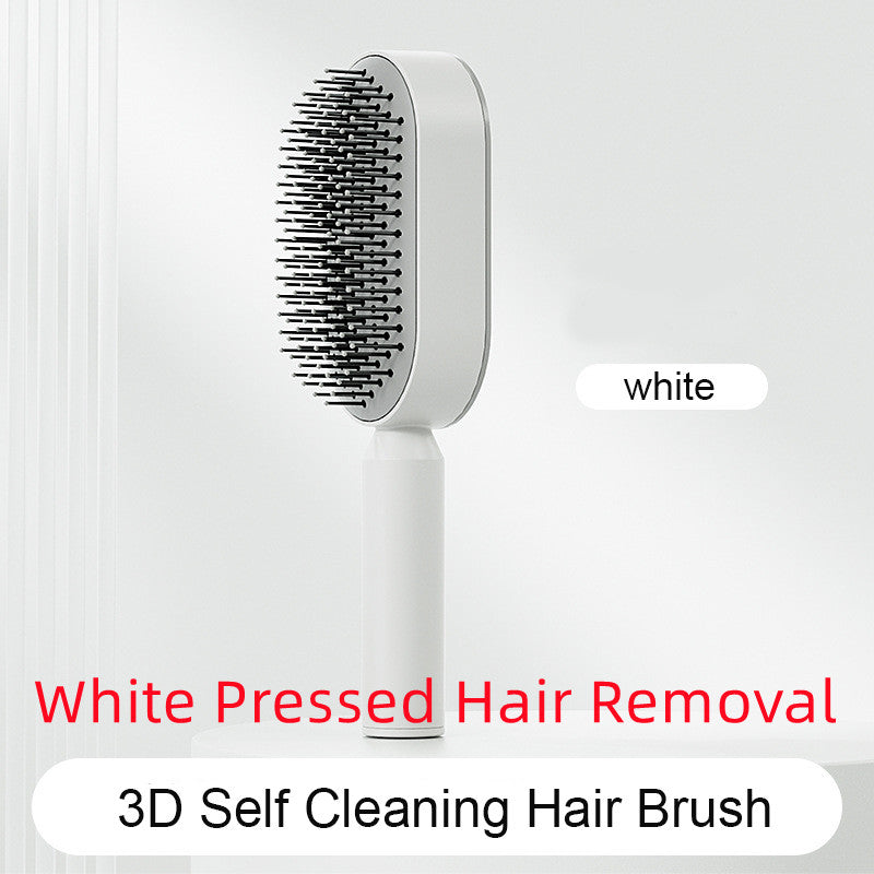 White one-touch self-cleaning hairbrush